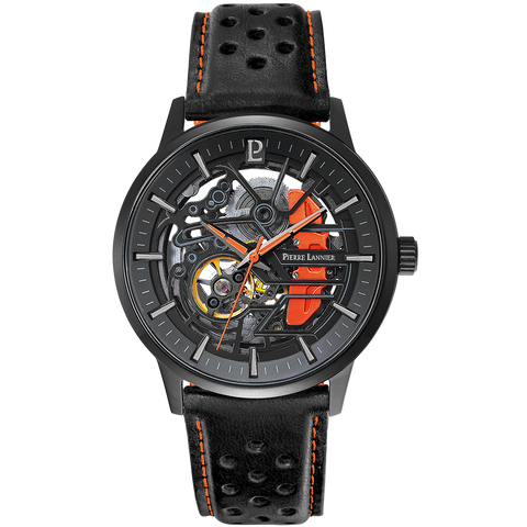 Pierre Lannier Paddock 338A433 â Montre Homme Chronographe 43mm Cadran Noir Bracelet Cuir Noir SurpiquĂ© Rouge