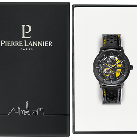 Pierre Lannier Paddock 338A443 â Montre Homme Chronographe 42mm Cadran Bleu Bracelet Cuir Noir SurpiquĂ© Jaune