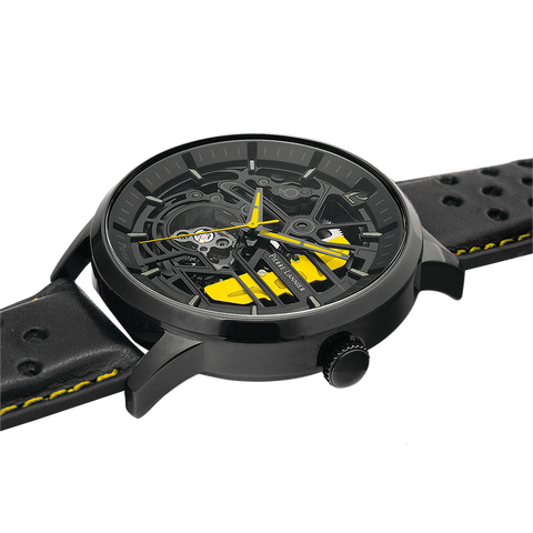 Pierre Lannier Paddock 338A443 â Montre Homme Chronographe 42mm Cadran Bleu Bracelet Cuir Noir SurpiquĂ© Jaune
