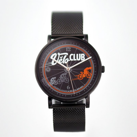 Montre Bretzel Vélo Club – Pierre Lannier x Bretzel Airlines : boîtier noir 40,5 mm, bracelet milanais acier noir, design cycliste alsacien, étanche 50 m, quartz. Édition spéciale Made in France.