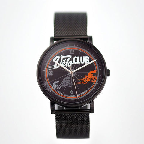 Montre Bretzel Vélo Club – Pierre Lannier x Bretzel Airlines : boîtier noir 40,5 mm, bracelet milanais acier noir, design cycliste alsacien, étanche 50 m, quartz. Édition spéciale Made in France.