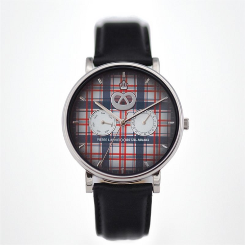 Pierre Lannier x Bretzel Airlines – Montre Kelsch Bleu Blanc Rouge – Bracelet Cuir Noir – Édition Spéciale Alsace