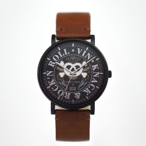 Montre Pierre Lannier Bretzel Brothers – Édition Bretzel Airlines – Boîtier Noir 40,5 mm – Bracelet Cuir Acajou – Made in France