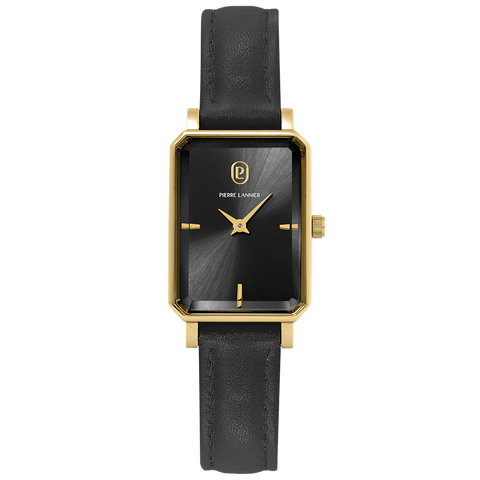 Pierre Lannier Montre Femme ARIANE Doré Cadran Noir Bracelet Cuir Noir 12 MM Réf 006L533