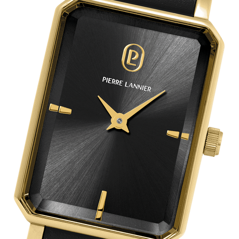 Pierre Lannier Montre Femme ARIANE Doré Cadran Noir Bracelet Cuir Noir 12 MM Réf 006L533