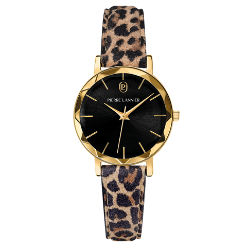 Montre Femme Pierre Lannier Multiples Quartz 30 mm – Réf. 010P539 – Cadran Noir, Bracelet Cuir Léopard 14 mm, Doré