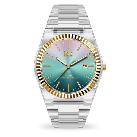 Montre ICE Power – Clear Sunset Verdigris 36 mm Réf. 024772 | Bracelet Transparent, Cadran Rosé & Vert, Étanche 10 ATM