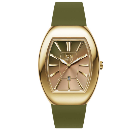 Montre ICE boliday Dome Metal Olive Green Small Femme – Réf. 025176 – Quartz 3 aiguilles + Date, Acier & Silicone Vert Olive Doré, Étanche 5 ATM