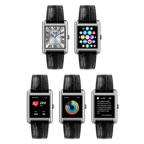 Montre connectée ICE smart TKS 2.0 – Réf. 025380 – Rectangulaire 1.41’’ AMOLED – Silver Black – Bracelet cuir alligator
