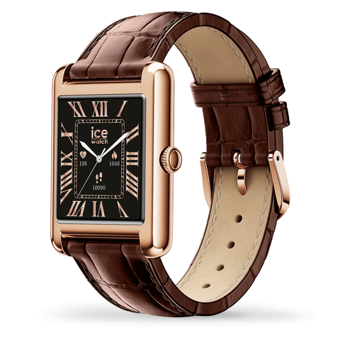 Montre connectée ICE smart TKS 2.0 – Réf. 025382 – Rectangulaire 1.41’’ AMOLED – Rose-Gold Brown – Bracelet cuir alligator