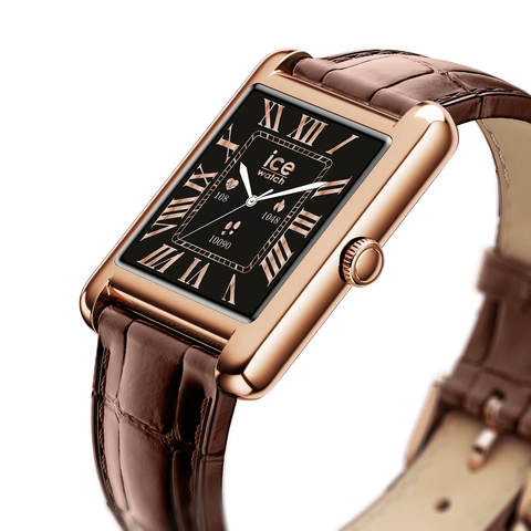 Montre connectée ICE smart TKS 2.0 – Réf. 025382 – Rectangulaire 1.41’’ AMOLED – Rose-Gold Brown – Bracelet cuir alligator