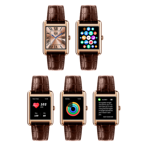 Montre connectée ICE smart TKS 2.0 – Réf. 025382 – Rectangulaire 1.41’’ AMOLED – Rose-Gold Brown – Bracelet cuir alligator