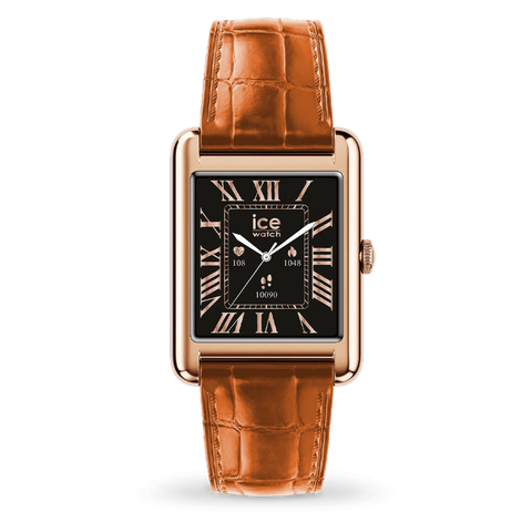 Montre connectée ICE smart TKS 2.0 – Réf. 025383 – Rectangulaire 1.41’’ AMOLED – Rose-Gold Cognac – Bracelet cuir alligator marron