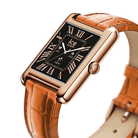 Montre connectée ICE smart TKS 2.0 – Réf. 025383 – Rectangulaire 1.41’’ AMOLED – Rose-Gold Cognac – Bracelet cuir alligator marron