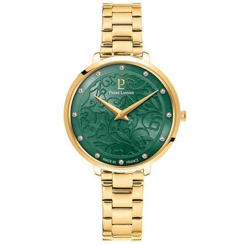 Montre Femme Pierre Lannier EOLIA 044N572 – Dorée – Cadran Vert Dentelle – Bracelet Acier 12 mm – Fabriquée en France