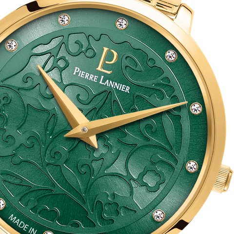 Montre Femme Pierre Lannier EOLIA 044N572 – Dorée – Cadran Vert Dentelle – Bracelet Acier 12 mm – Fabriquée en France