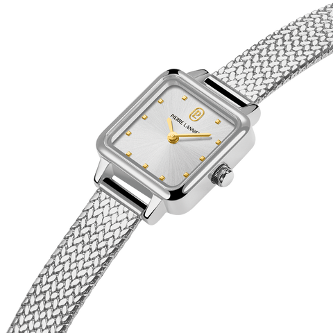 Pierre Lannier NÉORA 058J621 – Mini Montre Femme Carrée Argentée & Bracelet Milanais