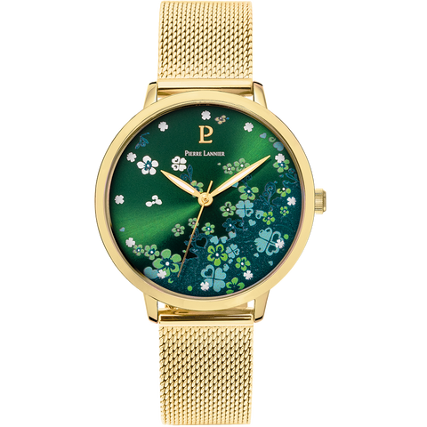 Montre Femme Pierre Lannier TALLIA 063G572 – Dorée – Cadran Vert Floral – Bracelet Milanais Acier 16 mm – Fabriquée en France