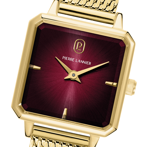 Montre Pierre Lannier Leonor 072J552 – Cadran Bordeaux Fumé – Bracelet Milanais Doré 12 mm – Femme – Quartz