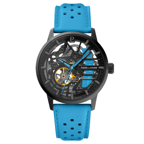 Montre Femme PADDOCK Noir Cadran Noir Bracelet Cuir Bleu 20 MM Réf 145G866