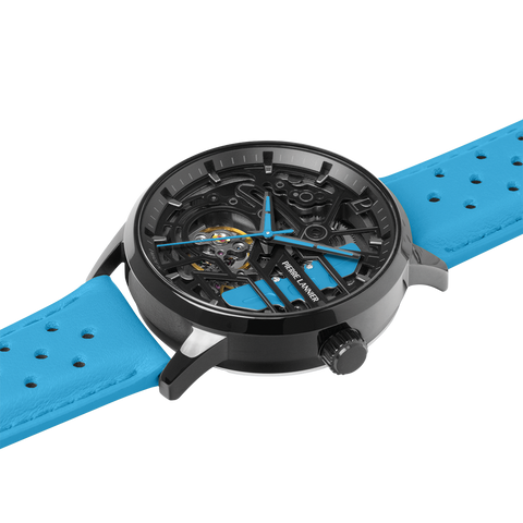 Montre Femme PADDOCK Noir Cadran Noir Bracelet Cuir Bleu 20 MM Réf 145G866