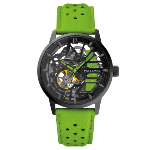 Montre Femme PADDOCK Noir Cadran Noir Bracelet Cuir Vert 20 MM Réf 145G877