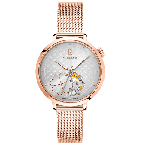 Montre Femme Pierre Lannier ESPÉRANCE 147K928 – Automatique, Cadran Argenté, Bracelet Milanais Doré-Rose