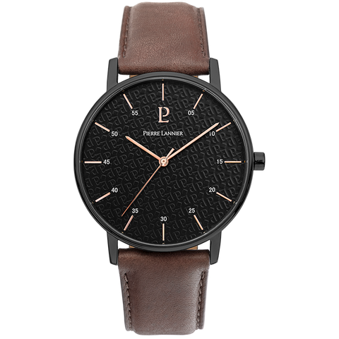 Montre Homme Pierre Lannier Cityline 203F434 – Cadran Noir, Bracelet Cuir Brun 39mm