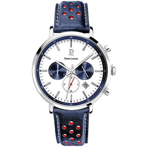 Montre Homme Pierre Lannier Baron 219G106 – Chronographe – Cadran Blanc – Bracelet Cuir Bleu