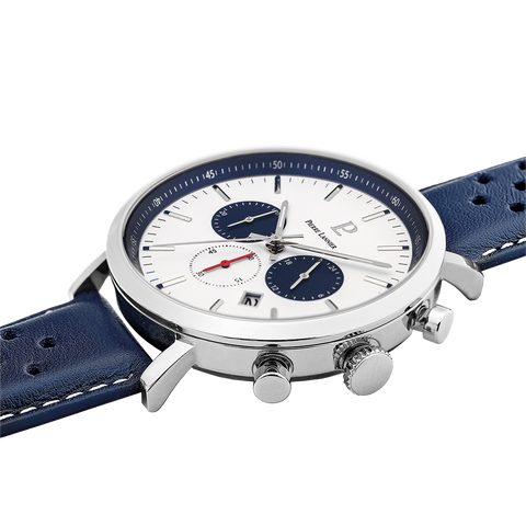 Montre Homme Pierre Lannier Baron 219G106 – Chronographe – Cadran Blanc – Bracelet Cuir Bleu