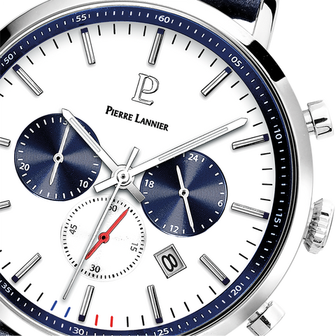 Montre Homme Pierre Lannier Baron 219G106 – Chronographe – Cadran Blanc – Bracelet Cuir Bleu