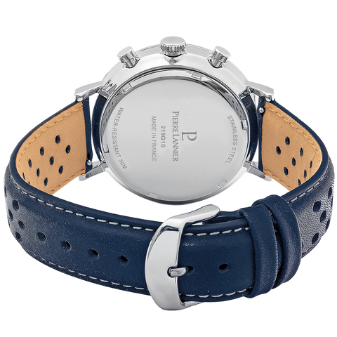 Montre Homme Pierre Lannier Baron 219G106 – Chronographe – Cadran Blanc – Bracelet Cuir Bleu