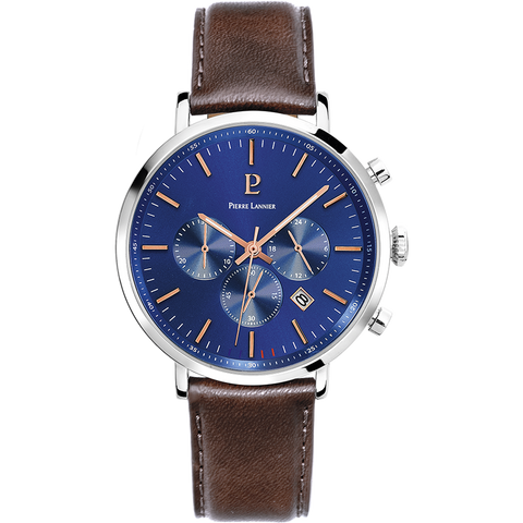 Montre Homme Pierre Lannier Baron 221F164 – Chronographe Cadran Bleu, Bracelet Cuir Brun 43mm