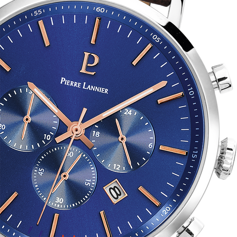 Montre Homme Pierre Lannier Baron 221F164 – Chronographe Cadran Bleu, Bracelet Cuir Brun 43mm