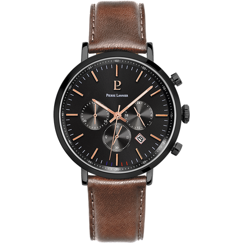 Montre Homme Pierre Lannier Baron 222G434 – Chronographe Cadran Noir, Bracelet Cuir Brun 43mm