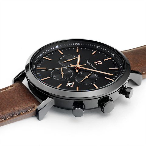 Montre Homme Pierre Lannier Baron 222G434 – Chronographe Cadran Noir, Bracelet Cuir Brun 43mm