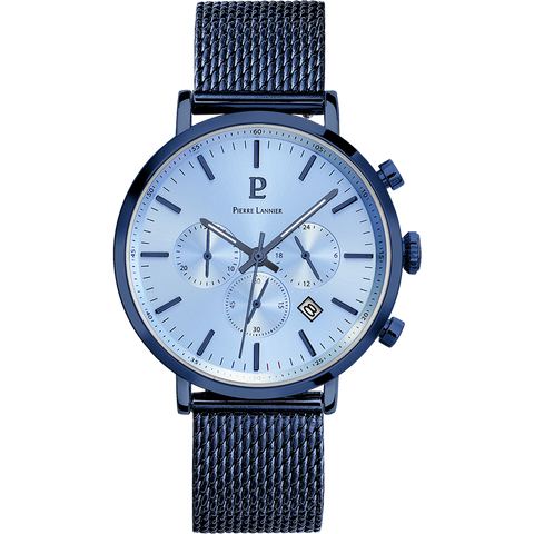 Montre Homme Pierre Lannier Baron 222G469 – Chronographe Cadran Bleu, Bracelet Acier Milanais Bleu 43mm
