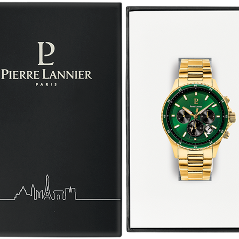 Montre Homme Pierre Lannier CRONOS Cadran Vert Bracelet Acier Doré Réf 228J062