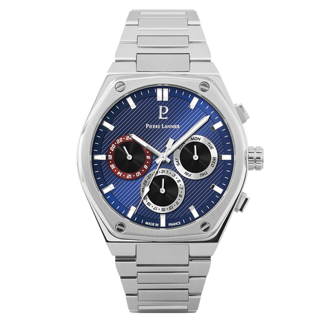 Montre Homme Pierre Lannier Copilote 230F161 – Cadran Bleu – Bracelet Acier Argenté 24 mm – Multifonction – Fabriquée en France