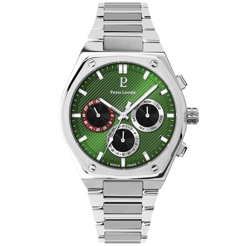 Montre Homme Pierre Lannier COPILOTE 230F171 – Argentée – Cadran Vert – Boîtier Tonneau 43 mm – Multifonctions – Fabriquée en France