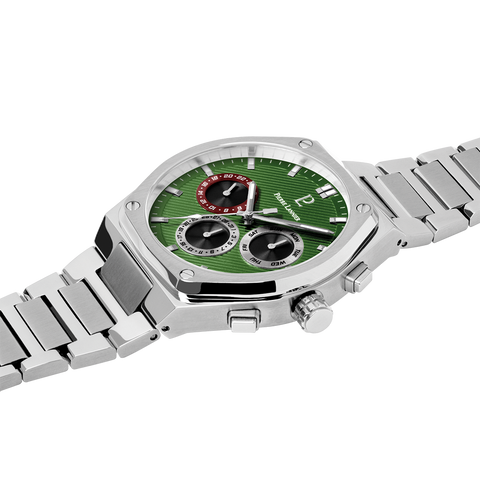 Montre Homme Pierre Lannier COPILOTE 230F171 – Argentée – Cadran Vert – Boîtier Tonneau 43 mm – Multifonctions – Fabriquée en France