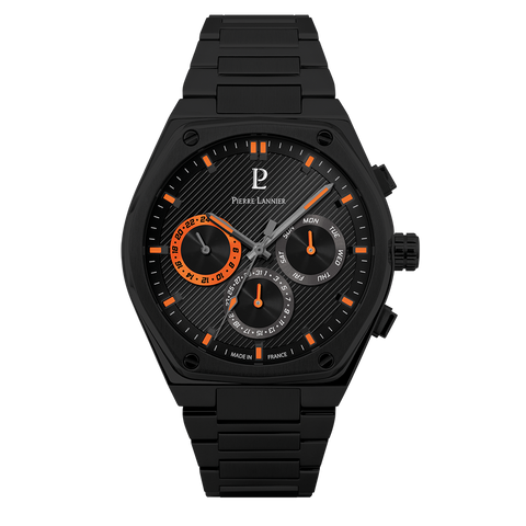 Montre Homme Pierre Lannier COPILOTE 231J439 – Noire – Cadran Noir – Bracelet Acier Noir 24 mm – Multifonctions – Fabriquée en France