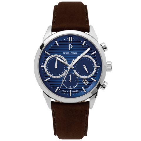 Montre Homme MONARCK Argenté Cadran Bleu Bracelet Cuir Brun 22 MM Réf 232G164