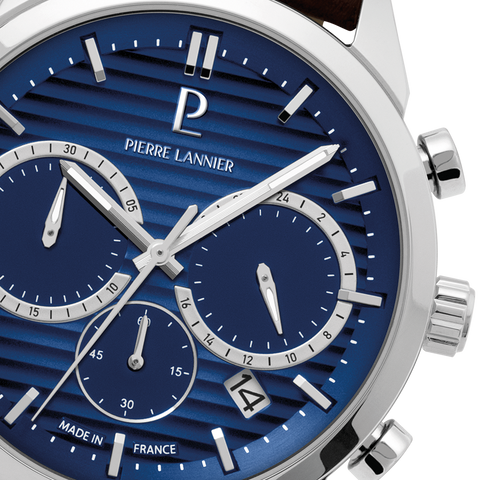 Montre Homme MONARCK Argenté Cadran Bleu Bracelet Cuir Brun 22 MM Réf 232G164