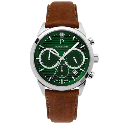 Montre Homme MONARCK Argenté Cadran Vert Bracelet Cuir Brun 22 MM Réf 232G174