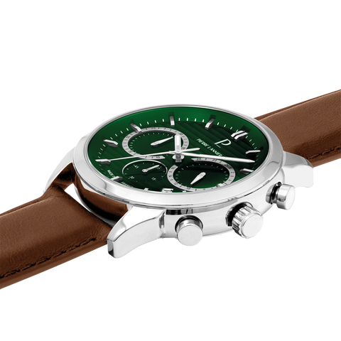 Montre Homme MONARCK Argenté Cadran Vert Bracelet Cuir Brun 22 MM Réf 232G174