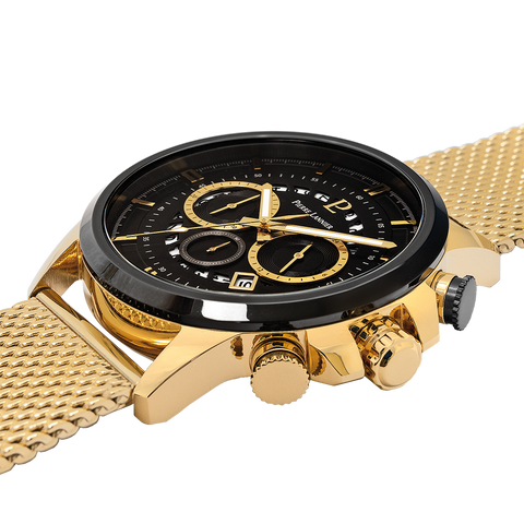 Montre Pierre Lannier Sentinelle 238G032 – Homme – Chronographe Doré & Cadran Noir – Bracelet Milanais Acier Doré – Fabriquée en France