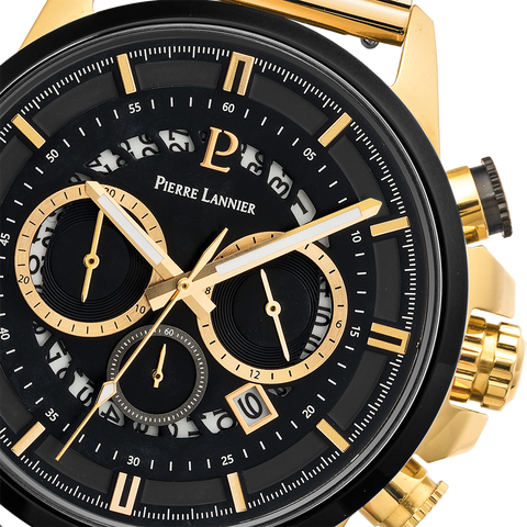 Montre Pierre Lannier Sentinelle 238G032 – Homme – Chronographe Doré & Cadran Noir – Bracelet Milanais Acier Doré – Fabriquée en France