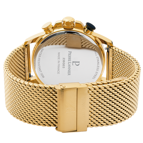 Montre Pierre Lannier Sentinelle 238G032 – Homme – Chronographe Doré & Cadran Noir – Bracelet Milanais Acier Doré – Fabriquée en France