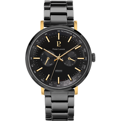 Montre Homme Pierre Lannier Ceramic 245G039 – Cadran Noir – Bracelet Céramique Noire – Index Dorés